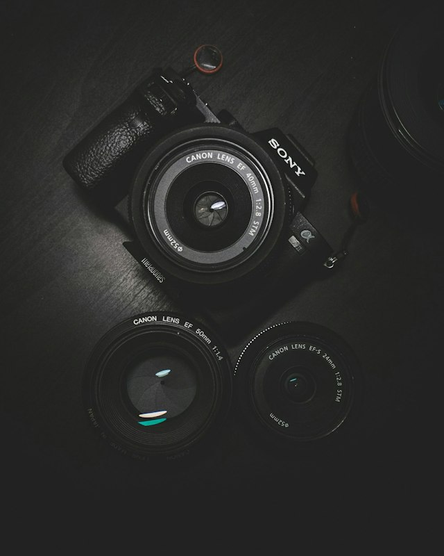 Camera and photography equipment shown close up