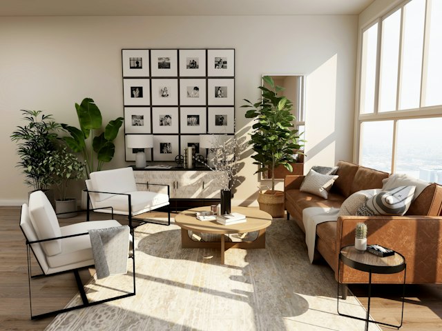 Comfortable living room with a sofa and warm interior details